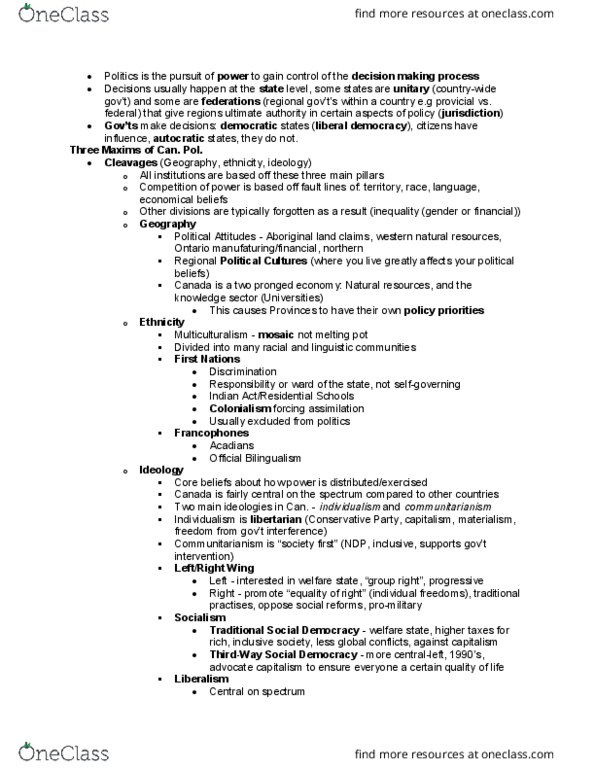 POLS 2300 Chapter Notes - Chapter 01 & 02: Red Tory, Constitution Act, 1982, Direct Democracy thumbnail